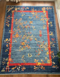Hand-Knotted Oushak Wool Rug | Blue & Red Chinoiserie Floral Design