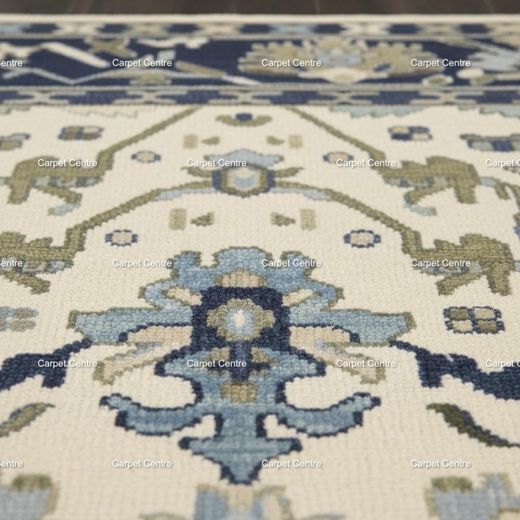 Hand-Knotted Ivory Oushak Rug, Navy Border, Handspun Wool