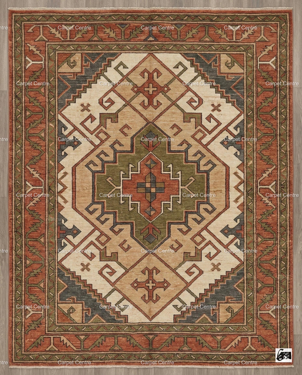 Hand-Knotted Oushak Wool Rug, Rust Terracotta Olive Green, Geometric Tribal Design