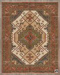 Hand-Knotted Oushak Wool Rug, Rust Terracotta Olive Green, Geometric Tribal Design