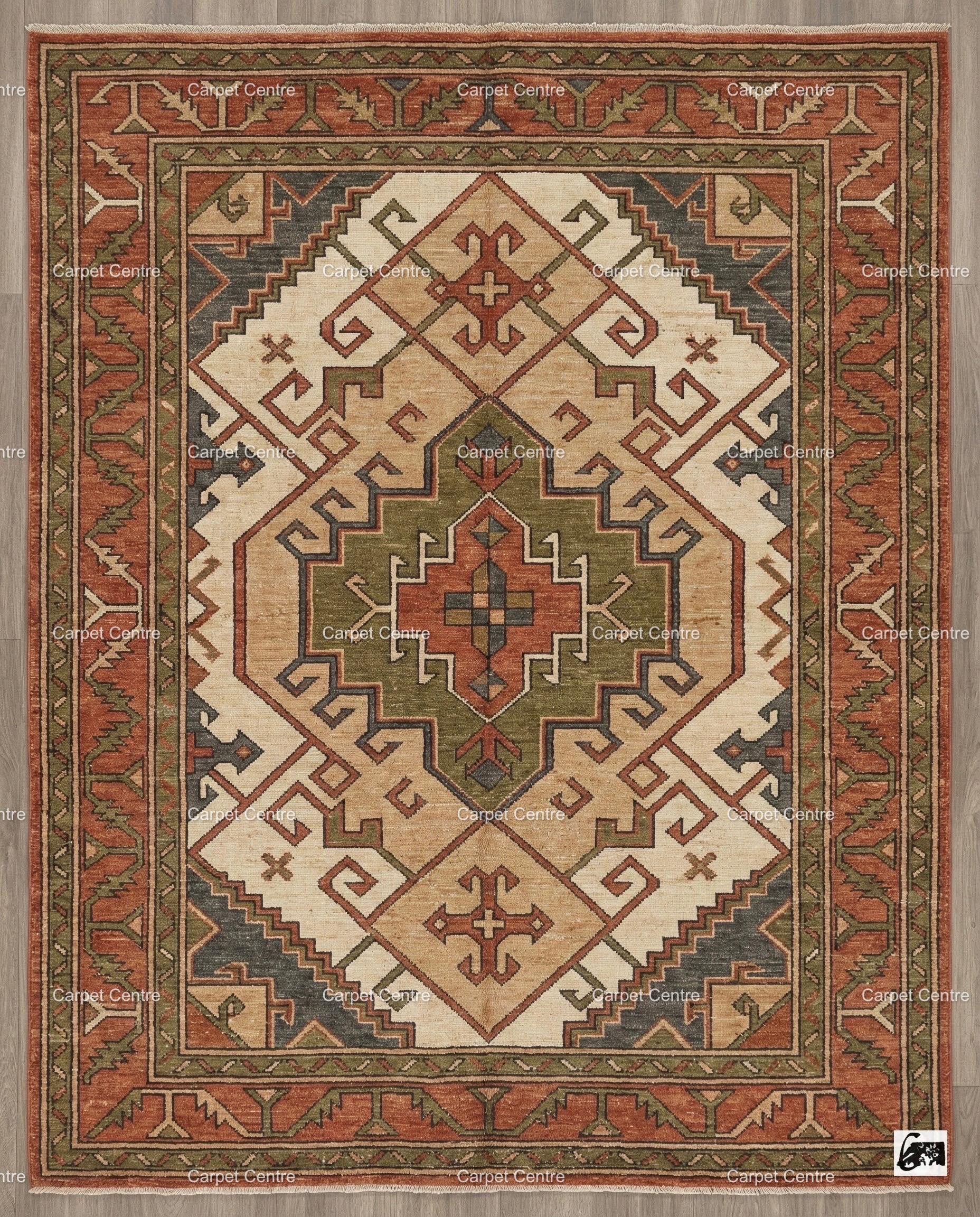 Hand-Knotted Oushak Wool Rug, Rust Terracotta Olive Green, Geometric Tribal Design