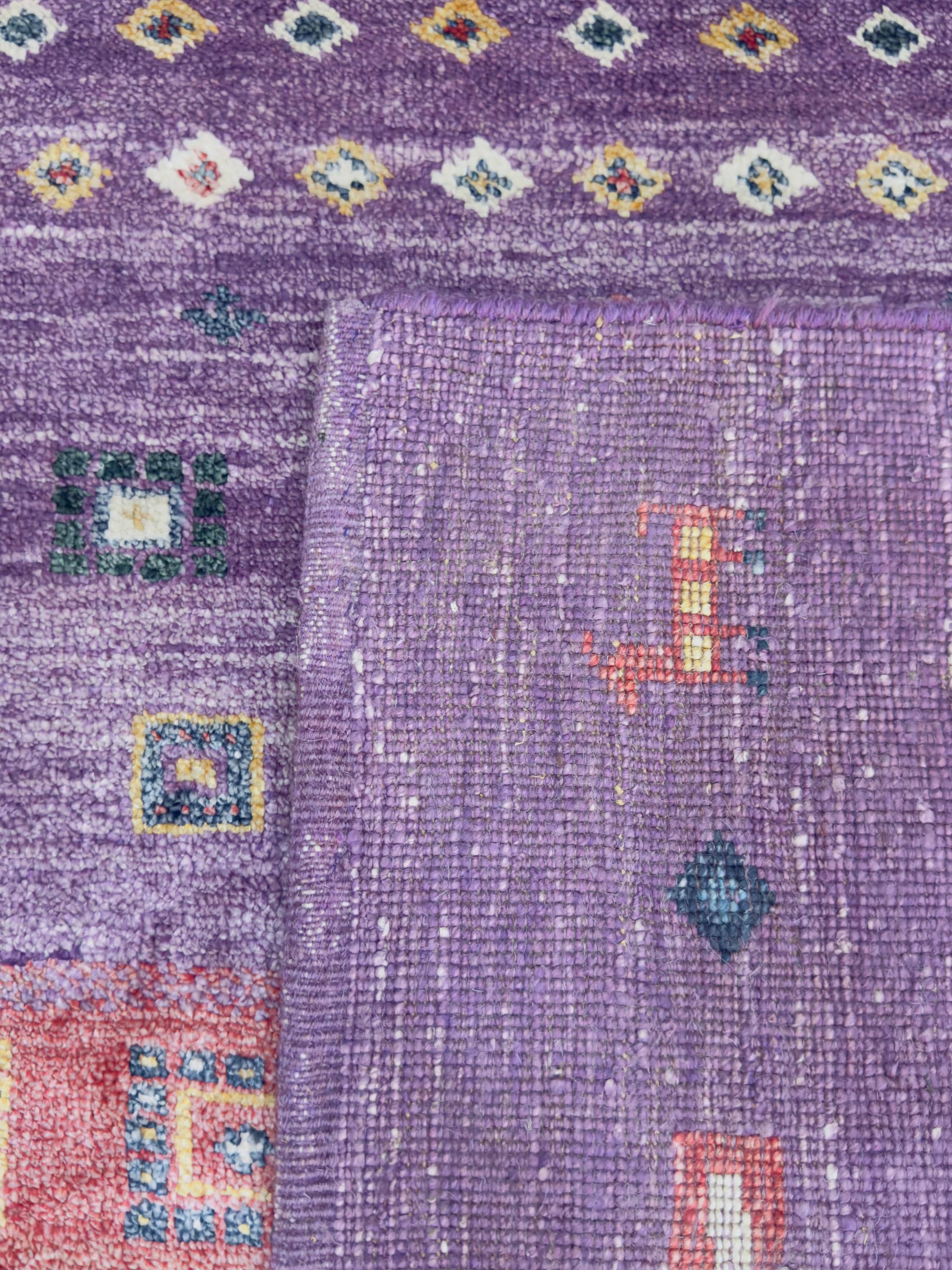 Hand Knotted Wool Rug | Purple Gabbeh Style Tribal Pattern, Multicolor Accents