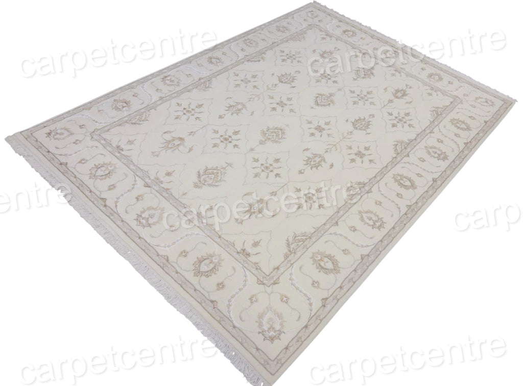 Vintage Handwoven Wool Medallion Rug: Cream and Art Silk, 7'10"x5'9"