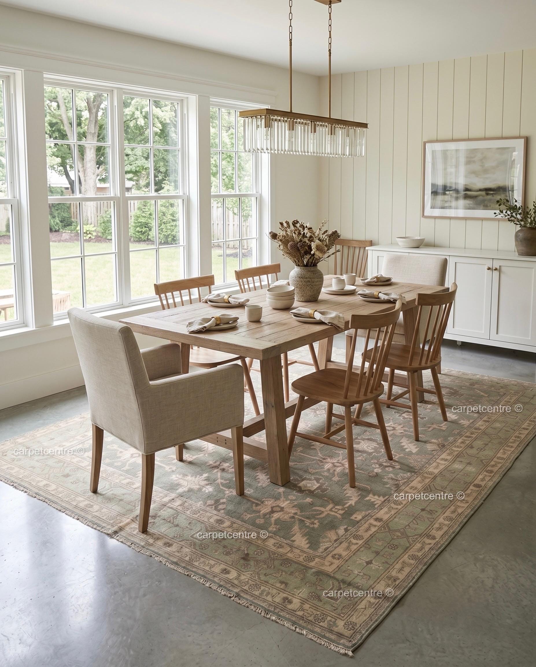 Sage Green Oushak Rug: Hand Knotted New Zealand Wool Carpet, Turkish Design