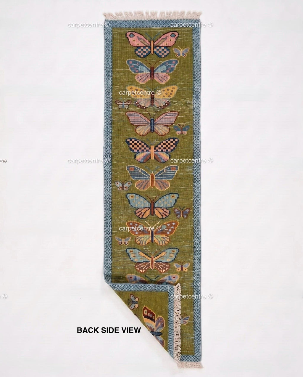 Handmade Wool Butterfly Runner Rug – Olive Green Insect Motif Carpet