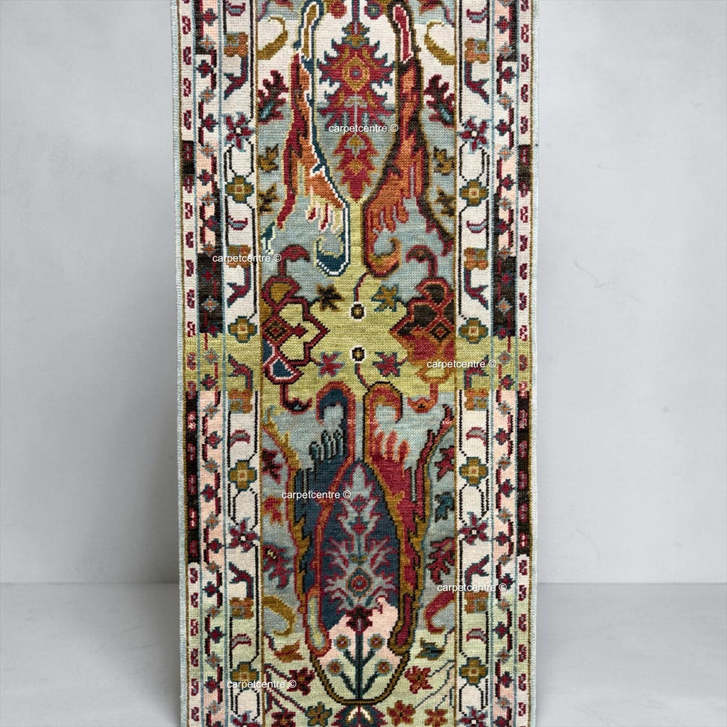 Unique Hand Knotted Oushak Runner Rug, Chinoiserie Botanical Wool Hallway-Entryway-Bathroom, Turkish Knot Kitchen Runner