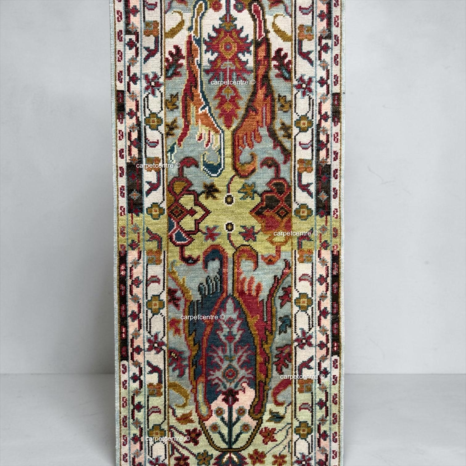 Unique Hand Knotted Oushak Runner Rug, Chinoiserie Botanical Wool Hallway-Entryway-Bathroom, Turkish Knot Kitchen Runner