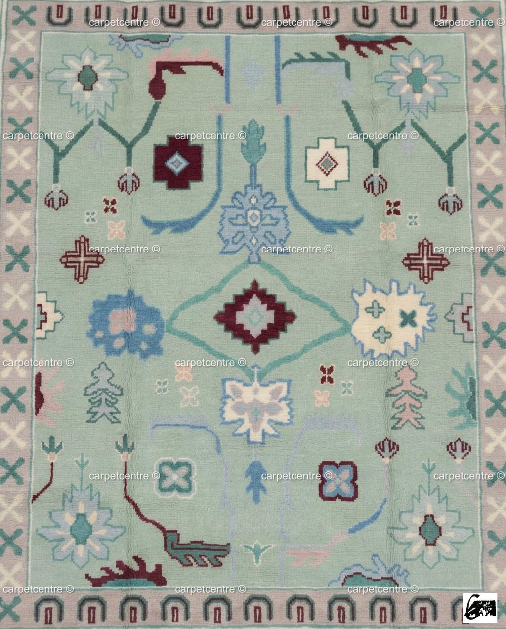 Mint Green Oushak Rug, Seafoam Pastel Turkish Floral Geometric Carpet
