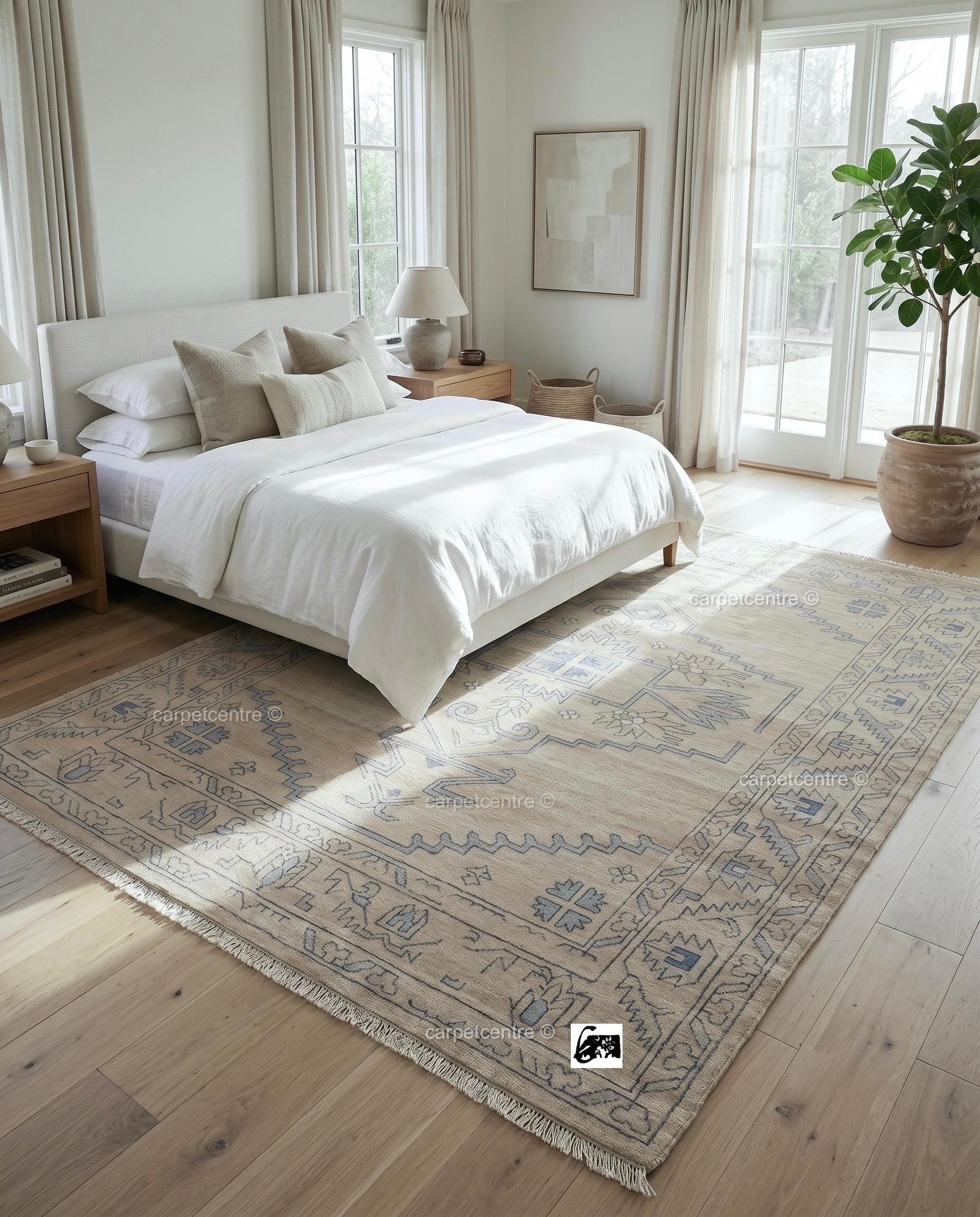 Hand Knotted Neutral Oushak Rug, Beige Blue Wool, Turkish Area Rug