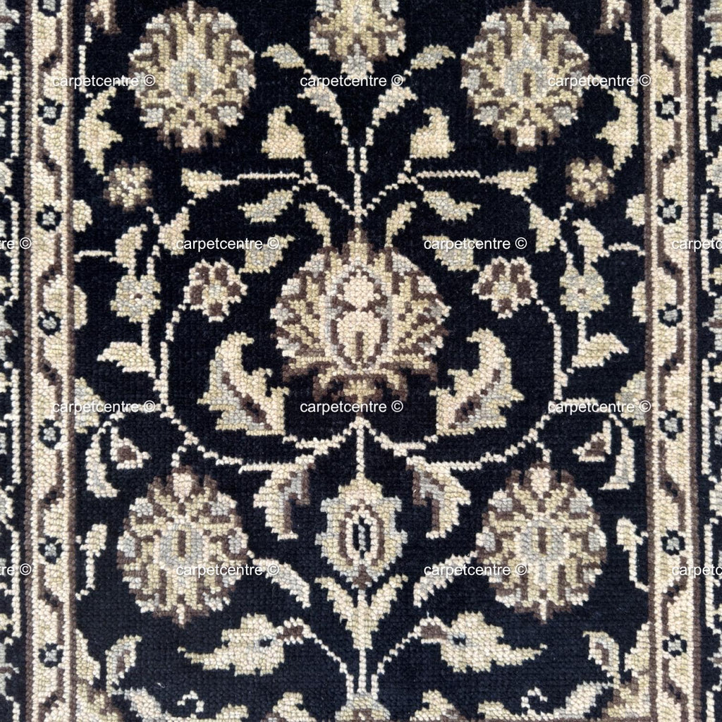 Handmade Oushak Wool Runner Rug, Black and Gold Floral Design Hallway Entryway Runner