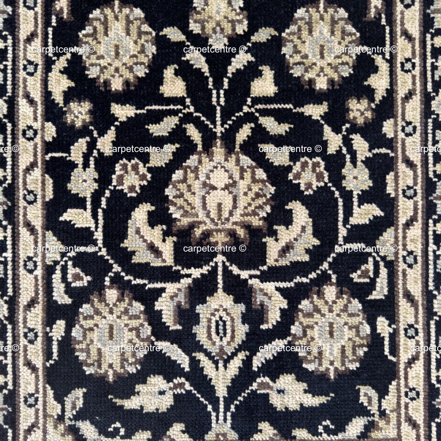 Handmade Oushak Wool Runner Rug, Black and Gold Floral Design Hallway Entryway Runner