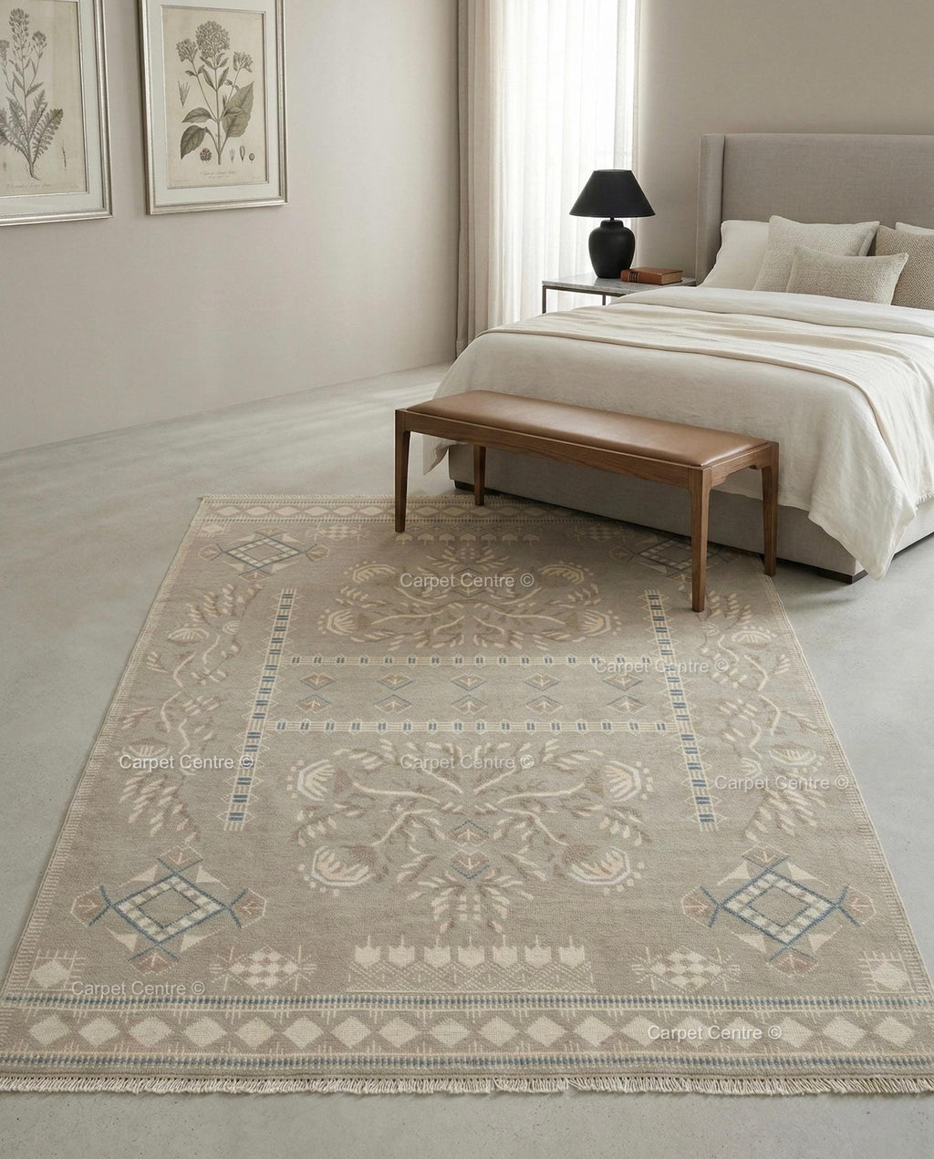 Hand Knotted Oushak Rug, Muted Taupe Geometric Wool Carpet, Boho Living Room Decor