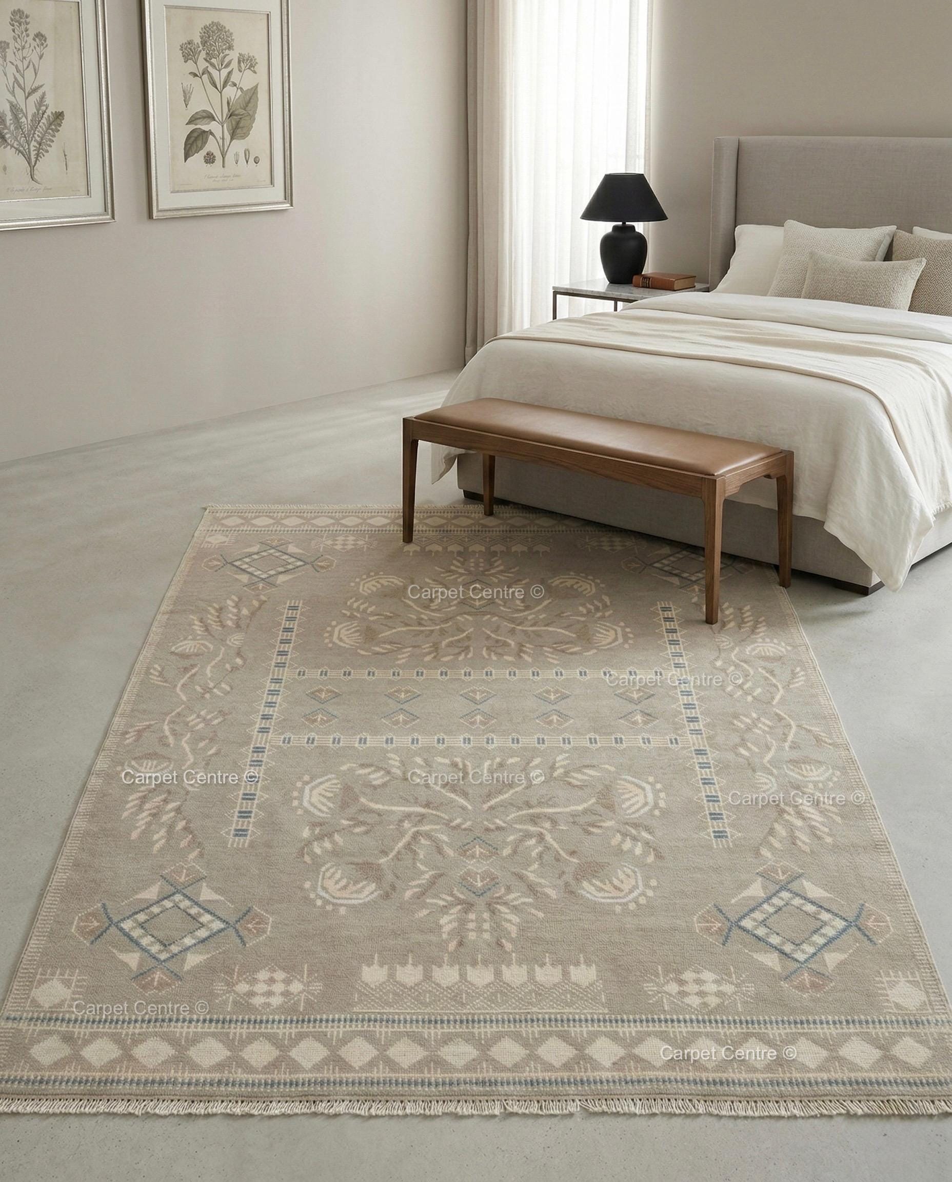 Hand Knotted Oushak Rug, Muted Taupe Geometric Wool Carpet, Boho Living Room Decor