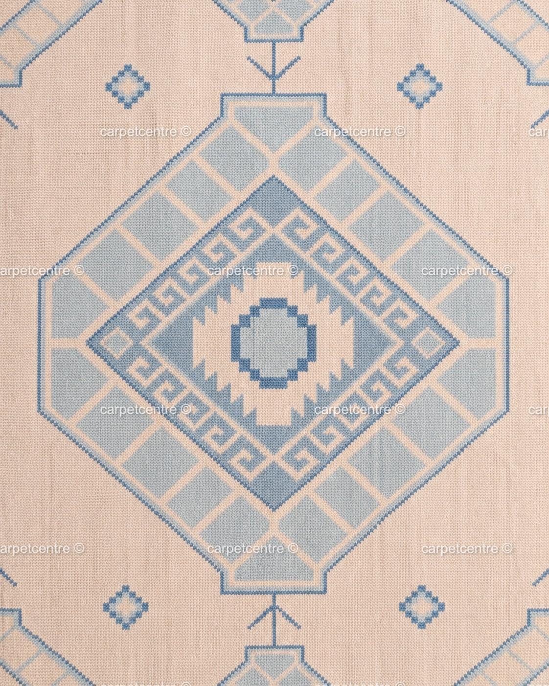 Hand-Knotted Wool Oushak Rug | Light Blue Cream Coastal Geometric Tribal Carpet