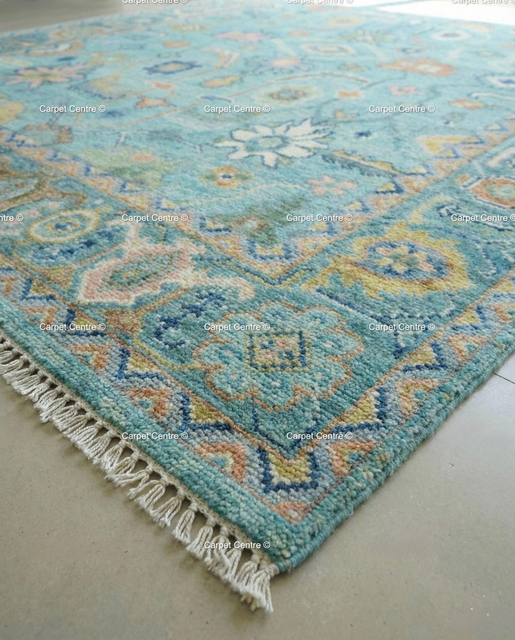 Turquoise Oushak Rug, Hand-Knotted Wool, Southwestern Boho Decor
