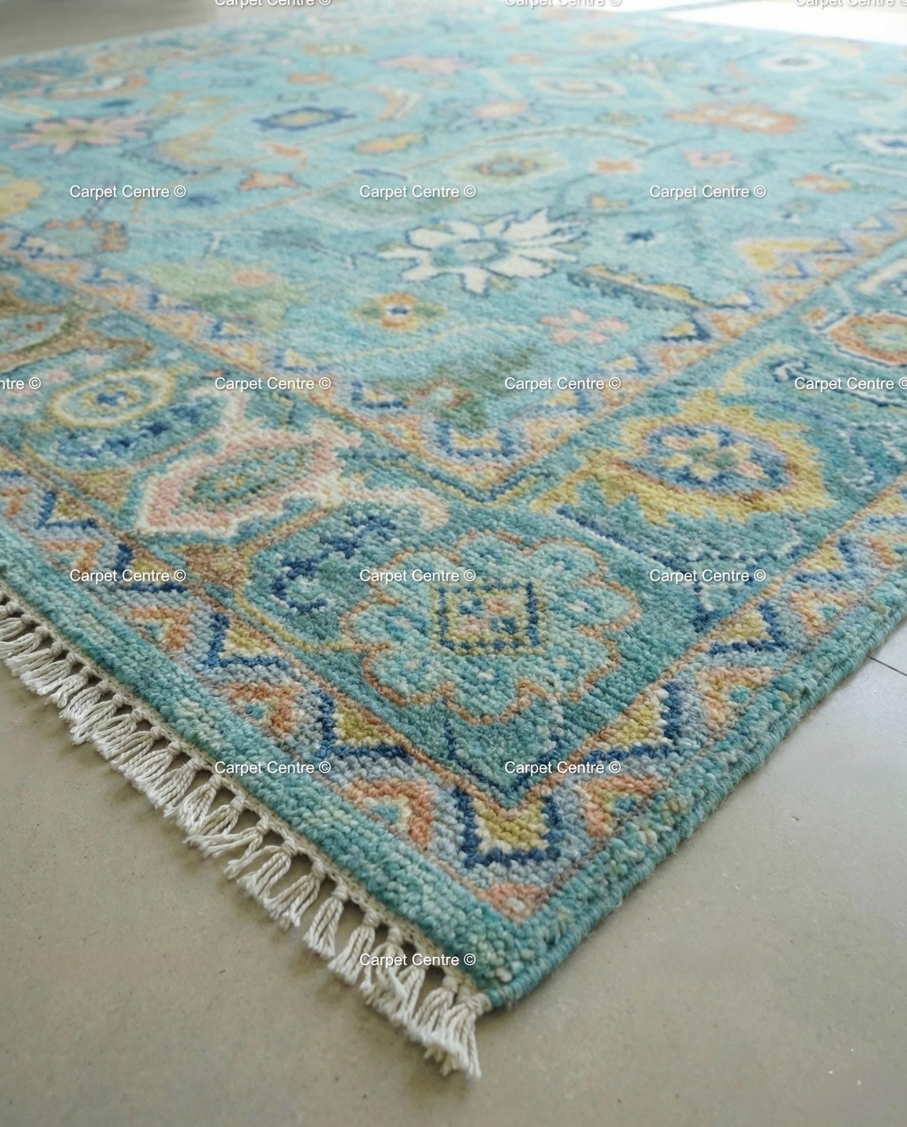 Turquoise Oushak Rug, Hand-Knotted Wool, Southwestern Boho Decor