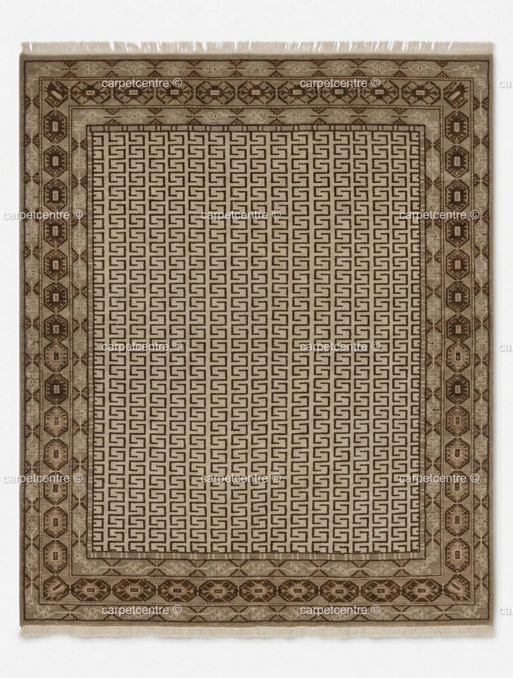 Neutral Geometric Oushak Rug | Beige Greek Key Wool Carpet (Custom Sizes)