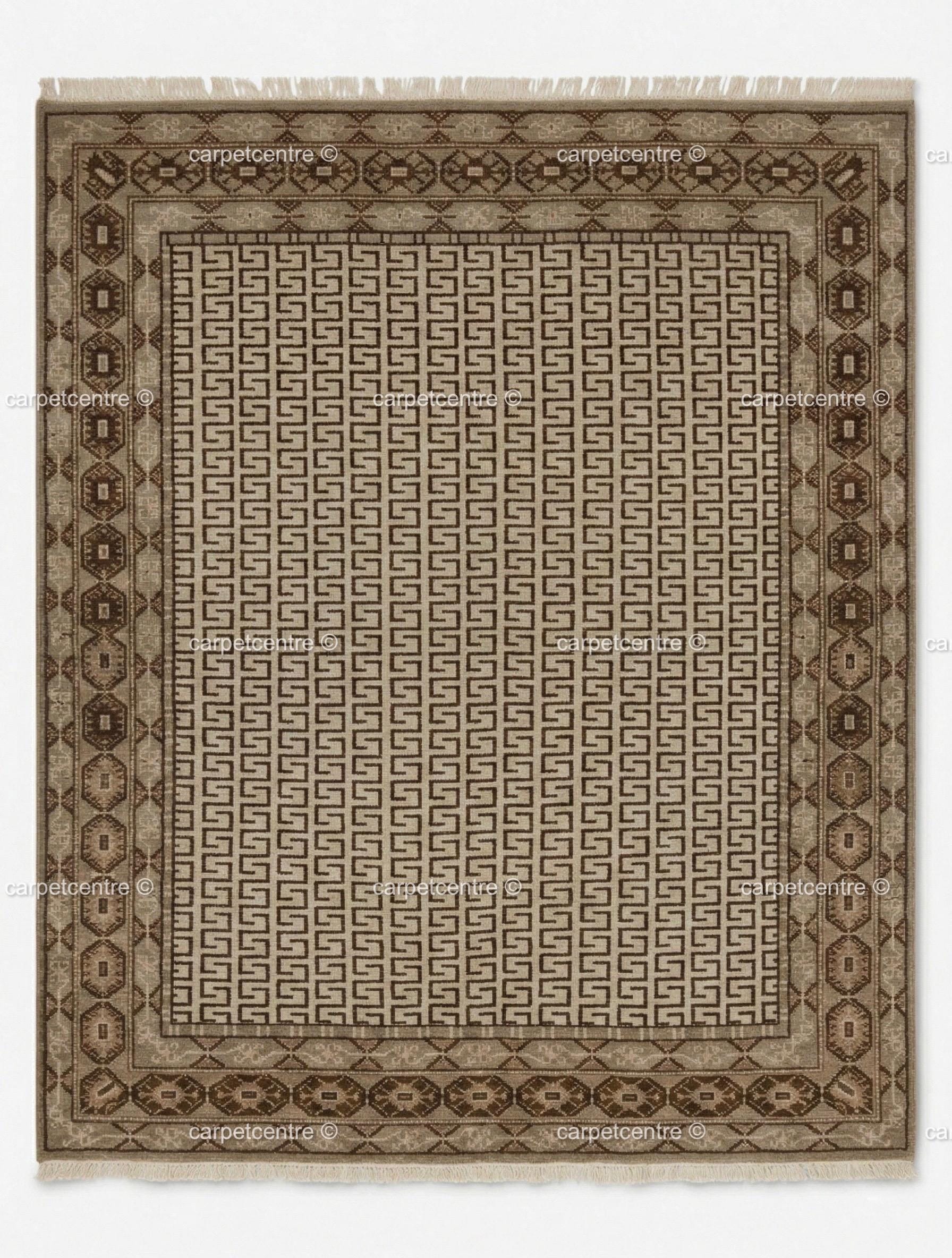 Neutral Geometric Oushak Rug | Beige Greek Key Wool Carpet (Custom Sizes)