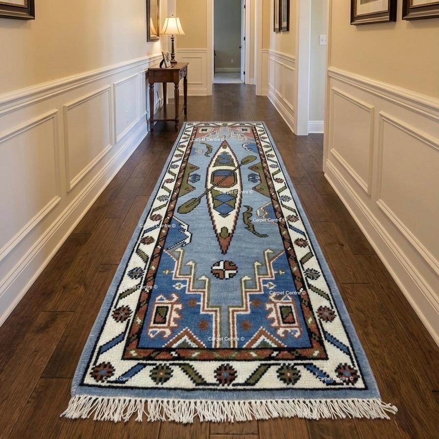 Hand-Knotted Wool Runner Rug, Canoe Figural Oushak Style, Coastal Cabin Decor