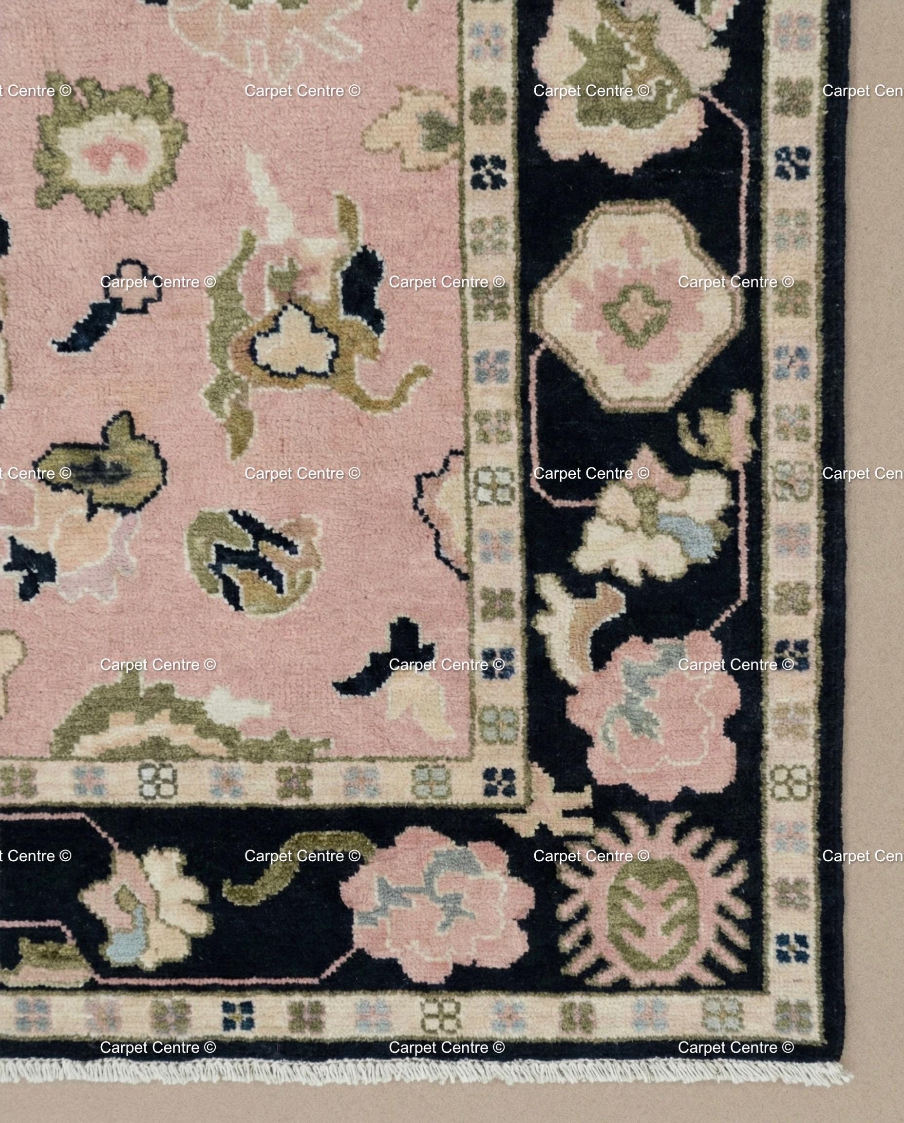 Hand Knotted Wool Oushak Rug, Blush Pink Geometric Floral, Black Border