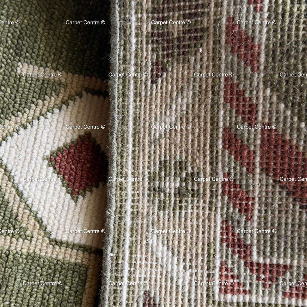 Hand-Knotted Wool Oushak Runner Rug, Olive Green Geometric Design