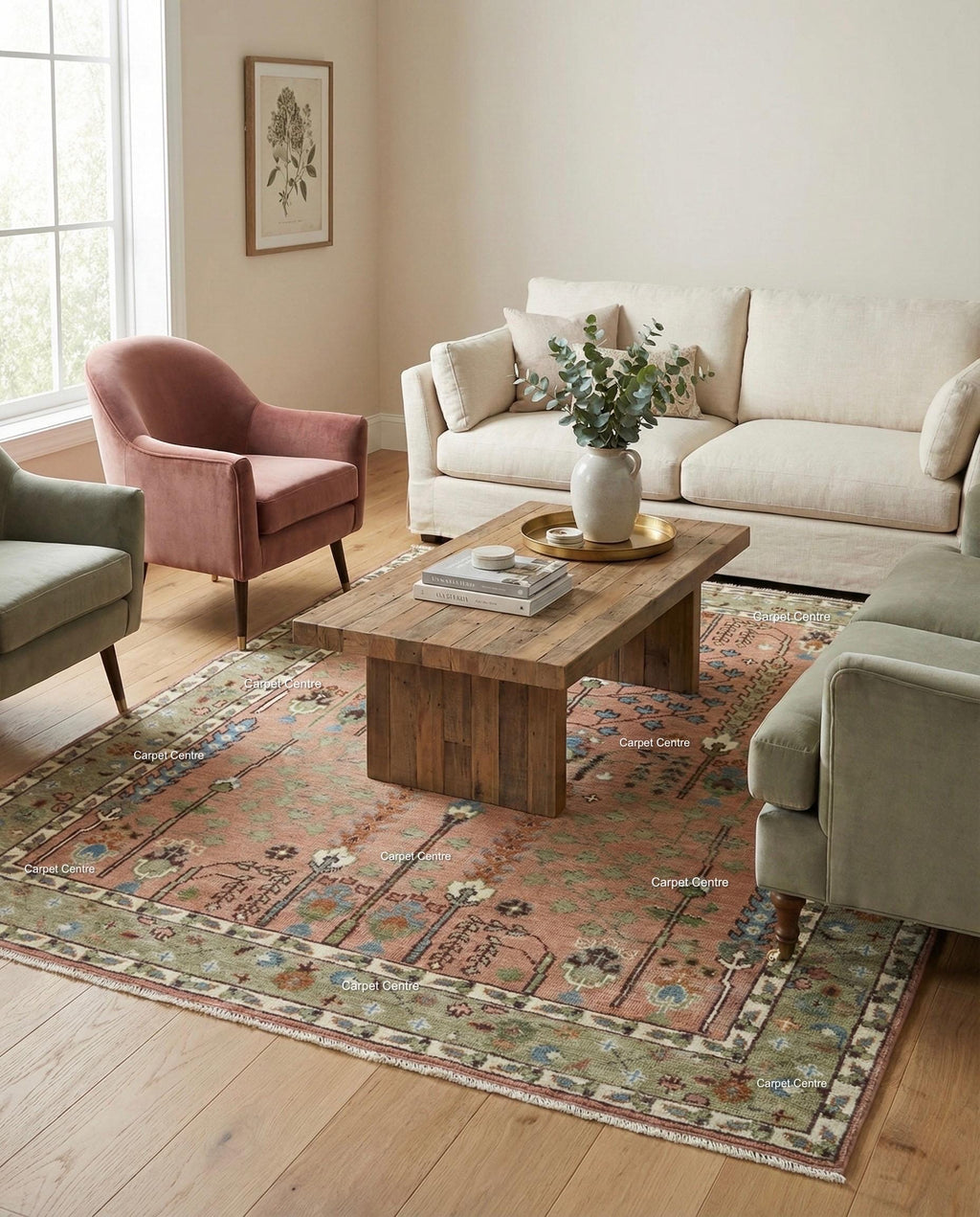Handmade Oushak Wool Rug – Terracotta Coral, Tree of Life Design