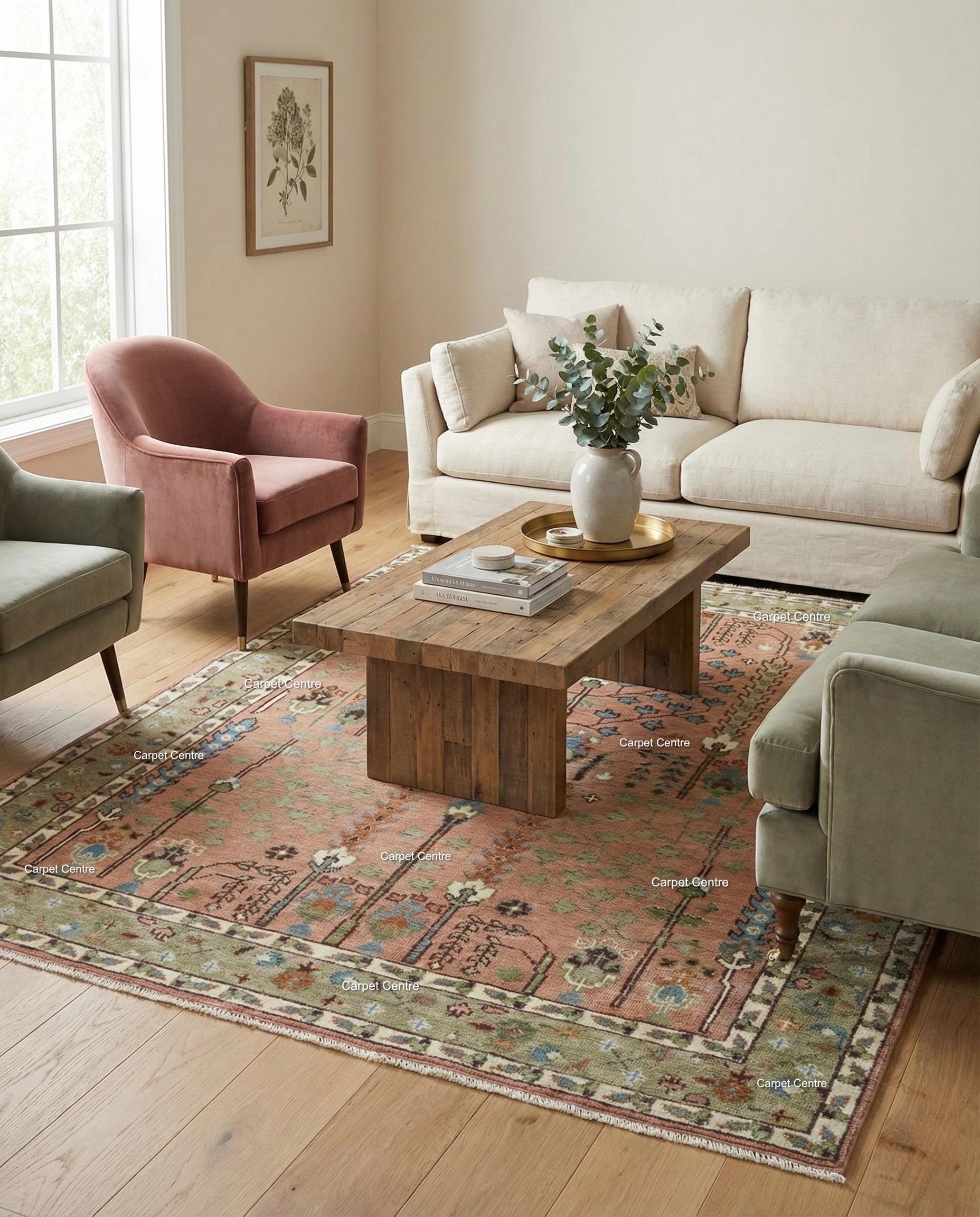 Handmade Oushak Wool Rug – Terracotta Coral, Tree of Life Design