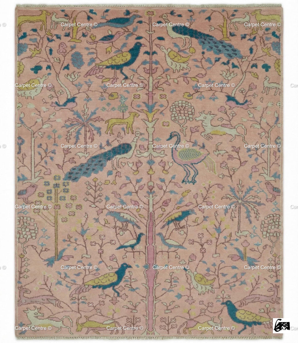 Blush Pink Wool Oushak Rug, Hand-Knotted Tree of Life Animal Nursery Rug