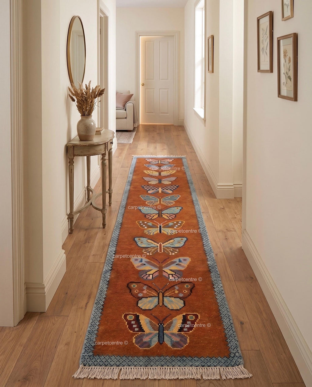 Handmade Wool Butterfly Runner Rug – Rust Orange Insect Motif Carpet