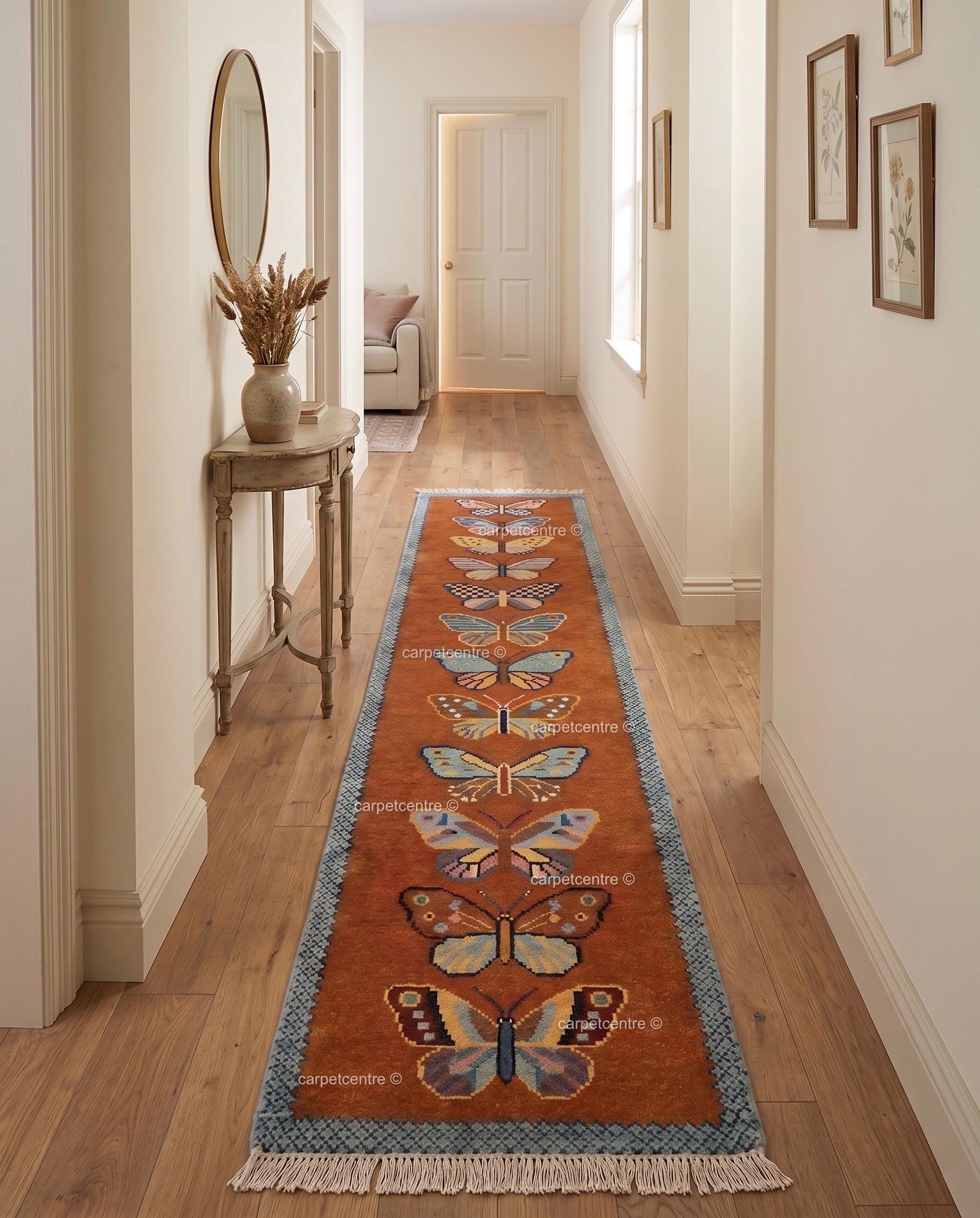 Handmade Wool Butterfly Runner Rug – Rust Orange Insect Motif Carpet