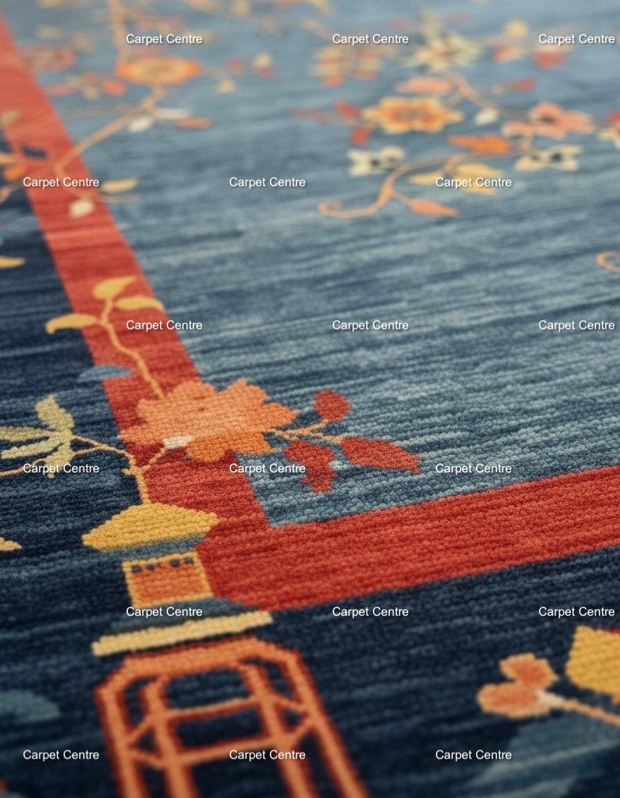 Hand-Knotted Oushak Wool Rug | Blue & Red Chinoiserie Floral Design