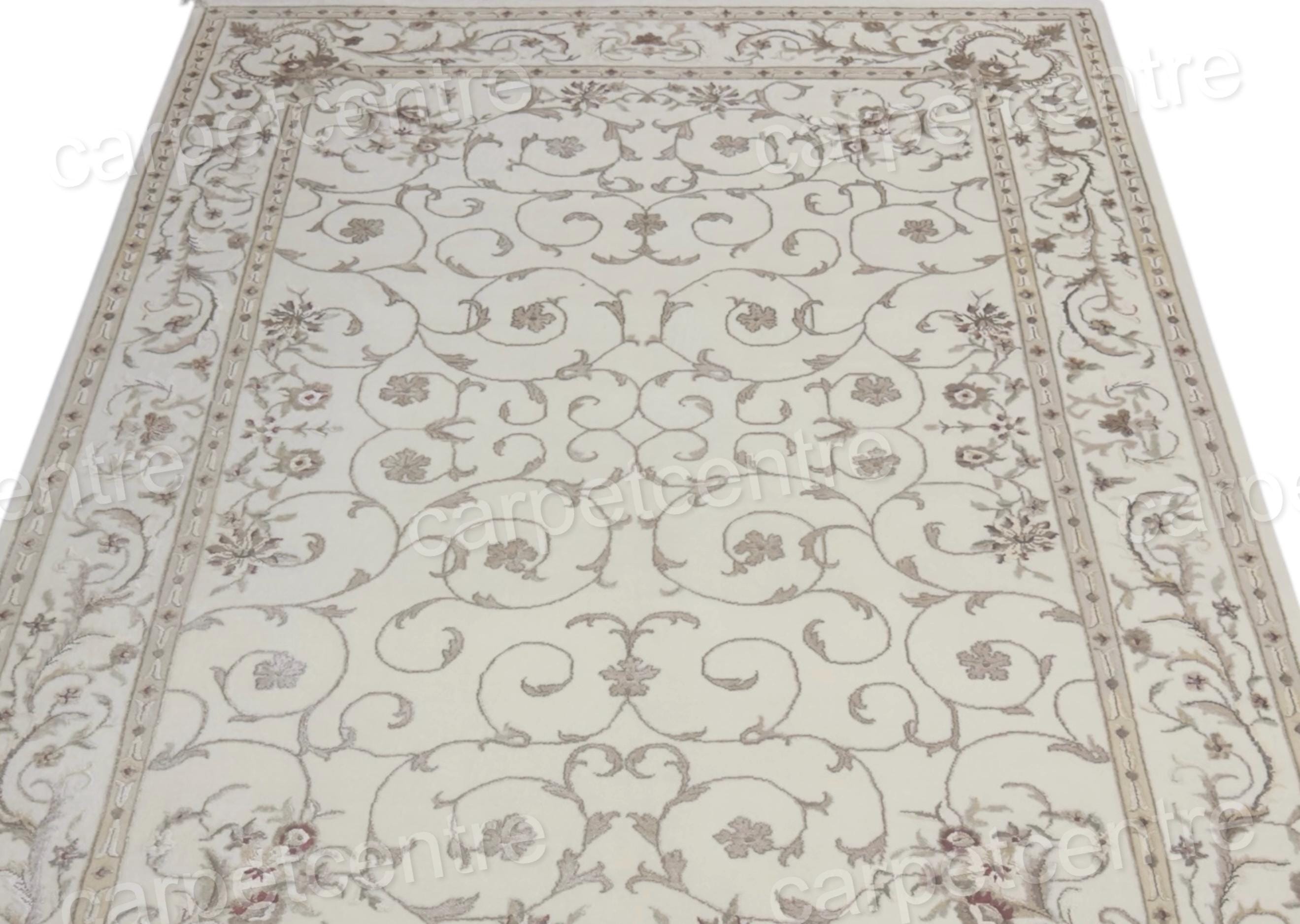Handwoven Ivory Wool Rug: Persian Floral Art Silk Design