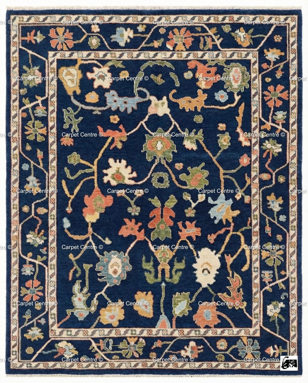 Navy Blue Wool Oushak Rug, Hand-Knotted Turkish Knot, William Morris Style
