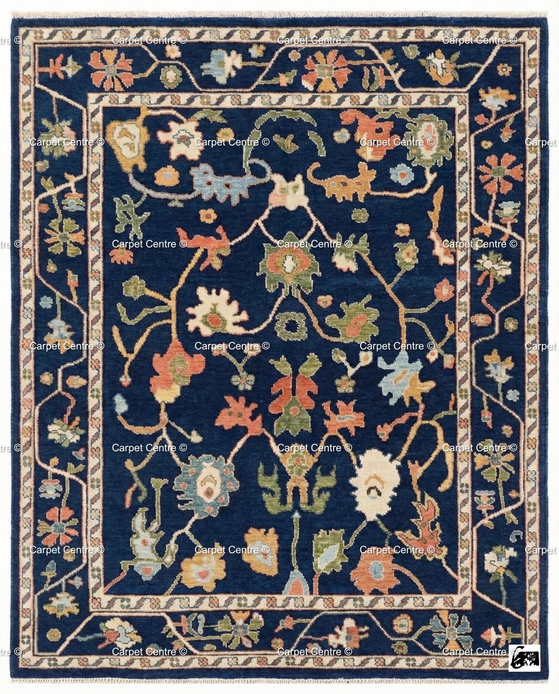 Navy Blue Wool Oushak Rug, Hand-Knotted Turkish Knot, William Morris Style