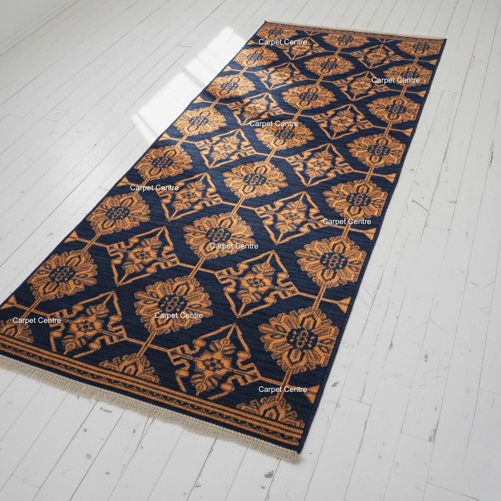 Navy Blue Gold Geometric Hand-Knotted Wool Runner Rug, 2x8 Entryway Hallway Carpet