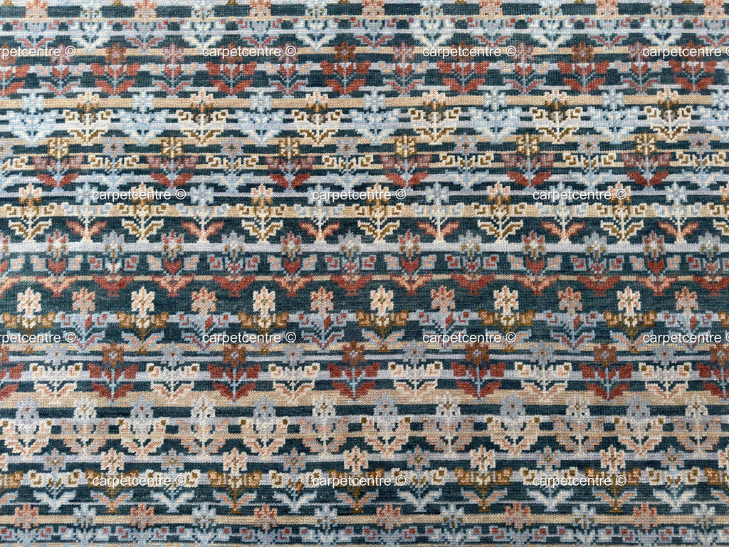 Hand Knotted Wool Oushak Rug, Teal Blue Rust Tribal Geometric (8'x10')