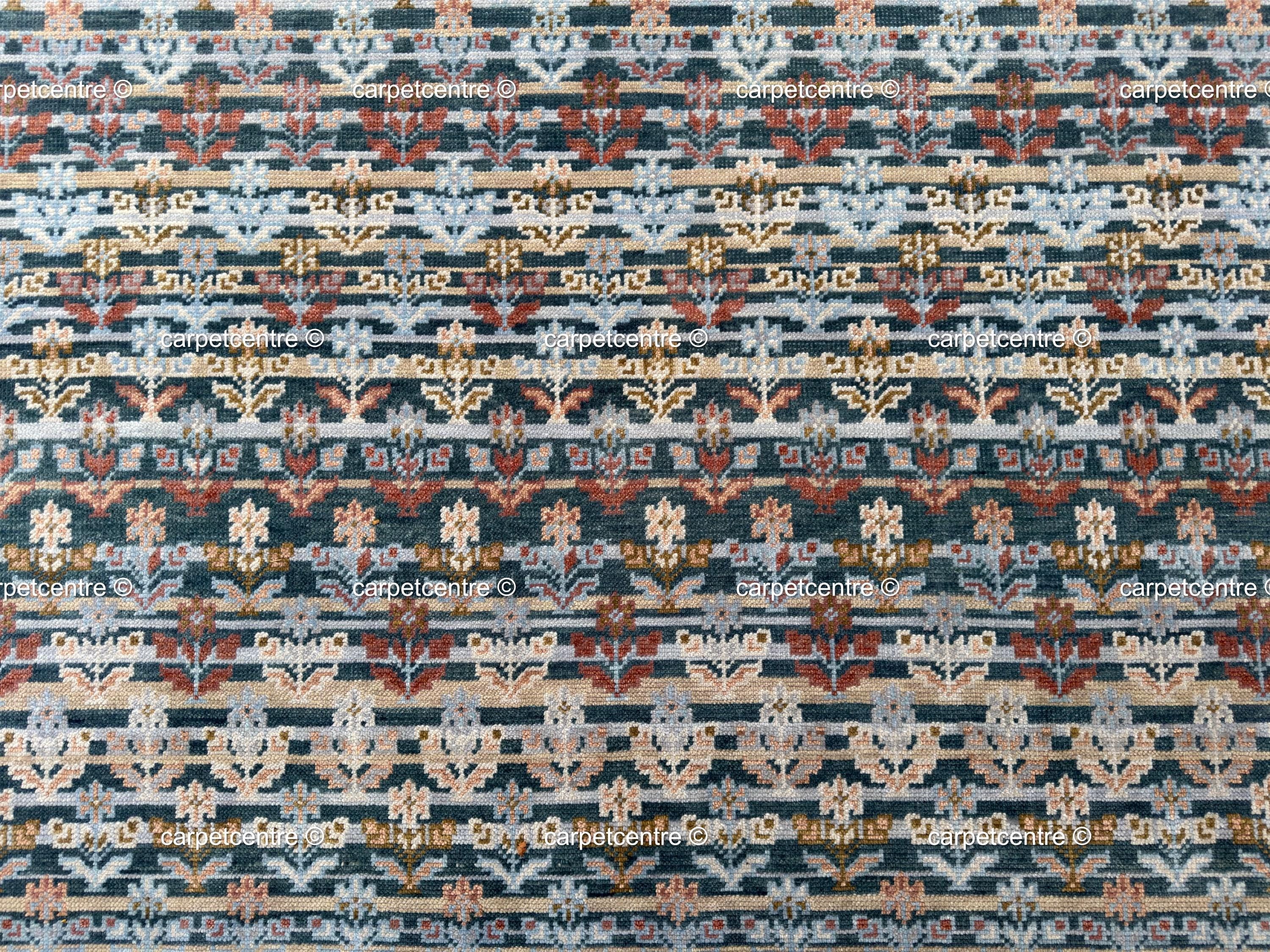 Hand Knotted Wool Oushak Rug, Teal Blue Rust Tribal Geometric (8'x10')
