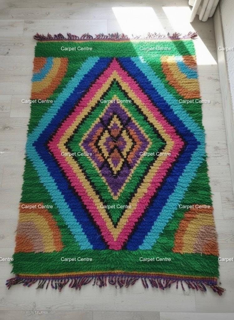 Green Moroccan Shag Rug, Hand-Knotted Wool, Geometric Diamond, Boho Style