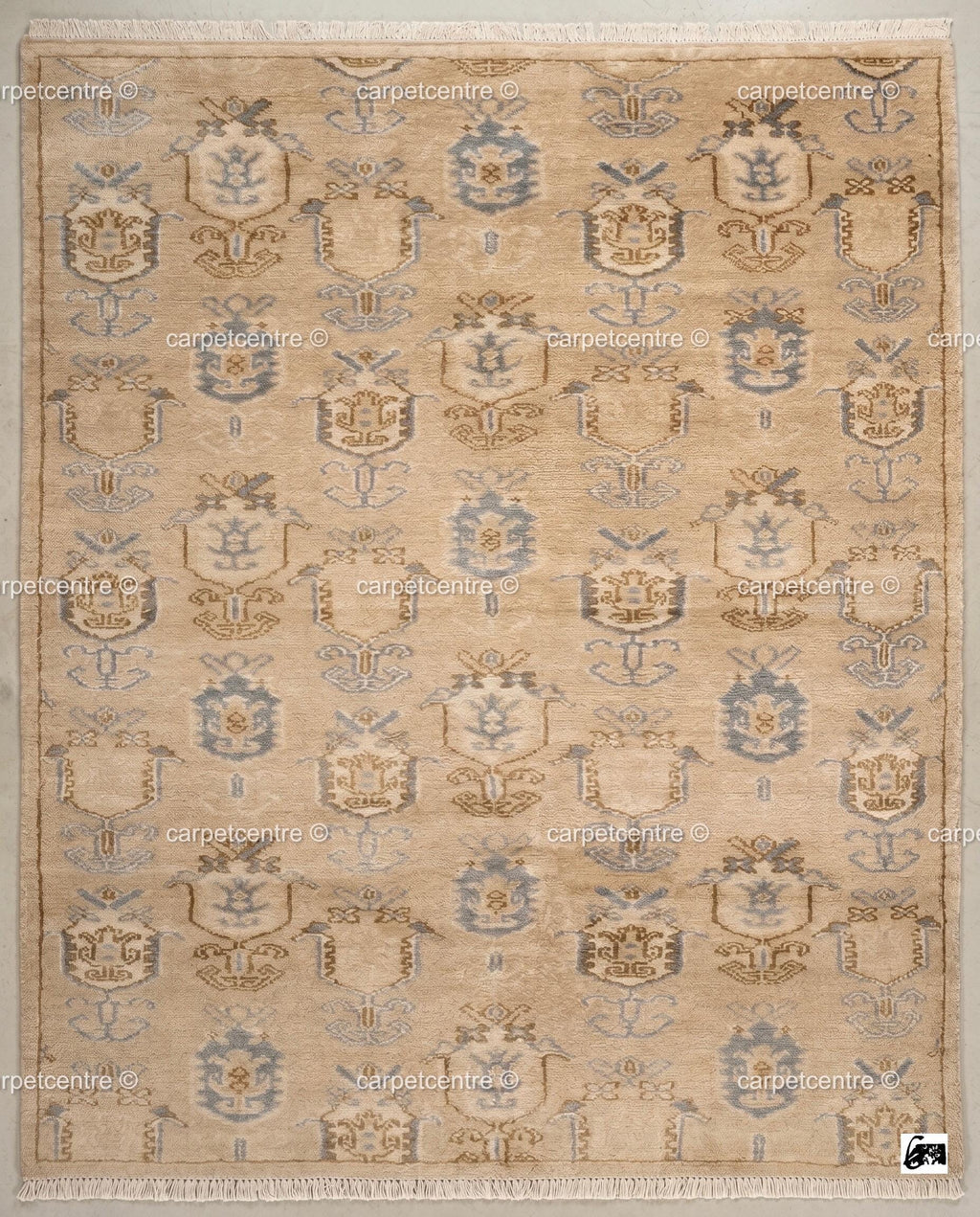 Hand Knotted Oushak Rug, Beige Blue Wool Carpet, Vintage Boho Farmhouse Bedroom Rug
