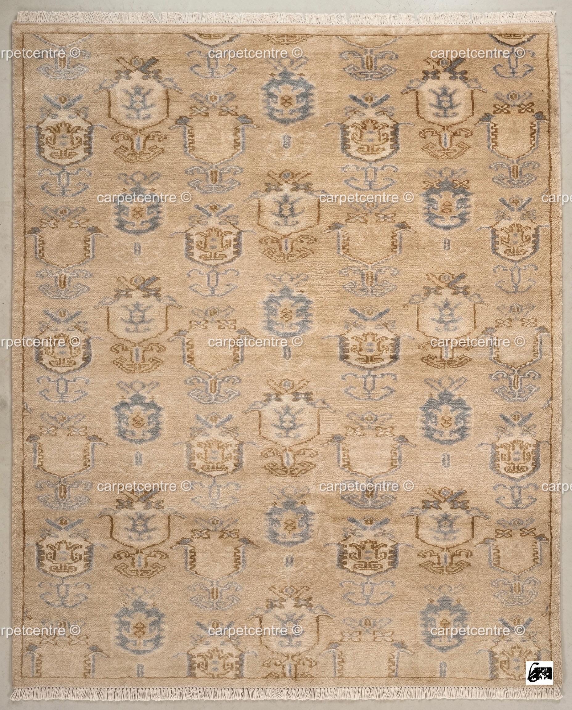 Hand Knotted Oushak Rug, Beige Blue Wool Carpet, Vintage Boho Farmhouse Bedroom Rug