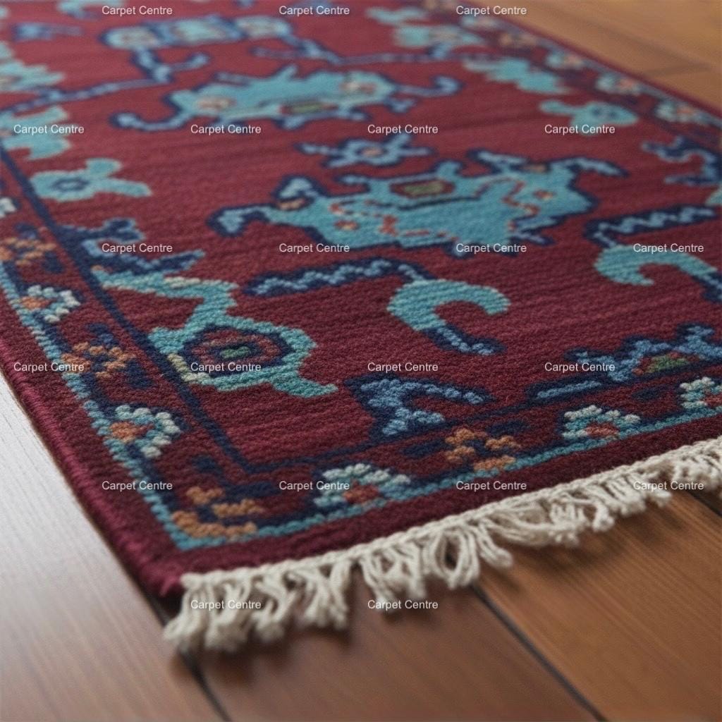 Maroon Oushak Runner Rug, Handwoven Wool Teal Tribal Design