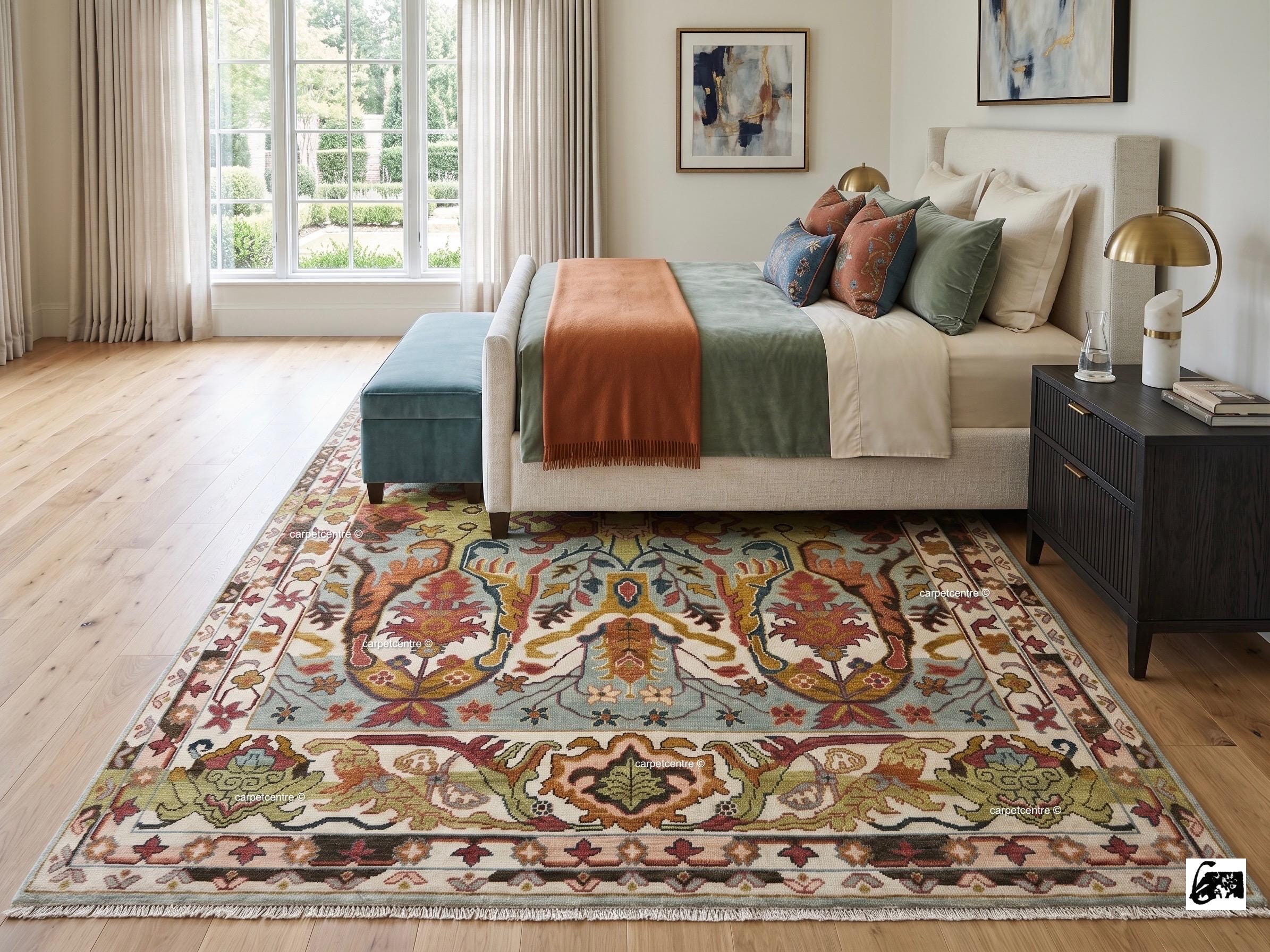 Hand Knotted Oushak Rug, Chinoiserie Botanical Wool Area Rug, Turkish Floral Carpet
