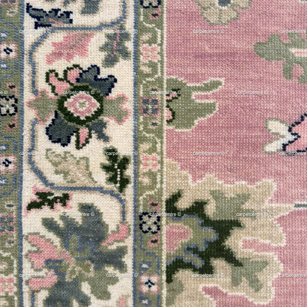 Hand Knotted Pink Oushak Rug: New Zealand Wool Floral Area Rug