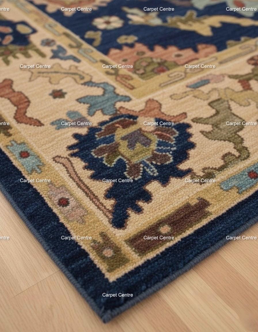 Navy Blue Oushak Wool Rug | Hand-Knotted Medallion Carpet