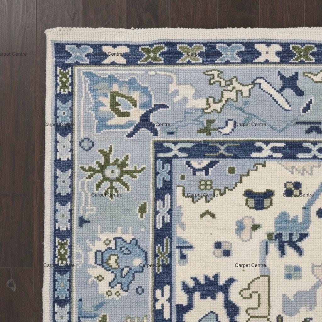 Hand-Knotted Wool Area Rug: Ivory & Blue Oushak Medallion Design