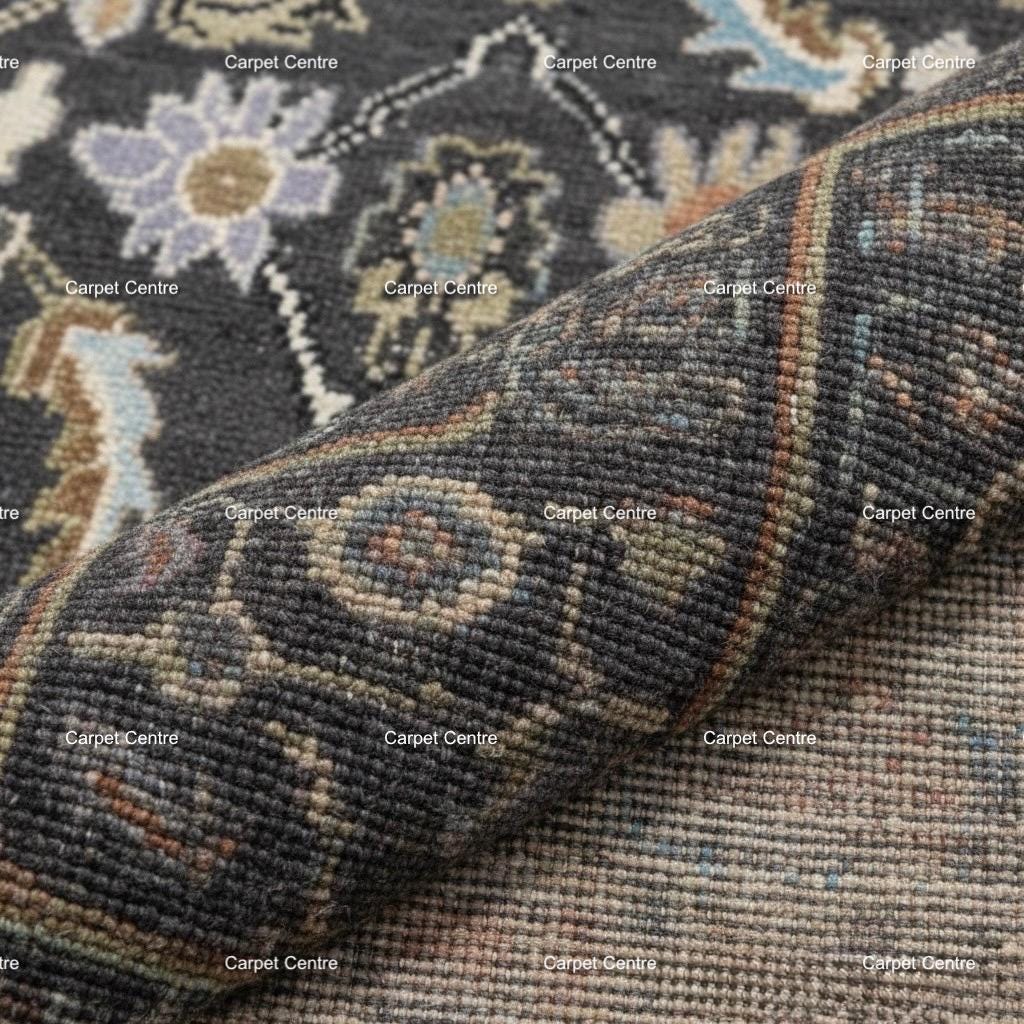 Hand-Knotted Wool Runner Rug, Charcoal Gray Traditional Floral Hallway Rug, 2x8