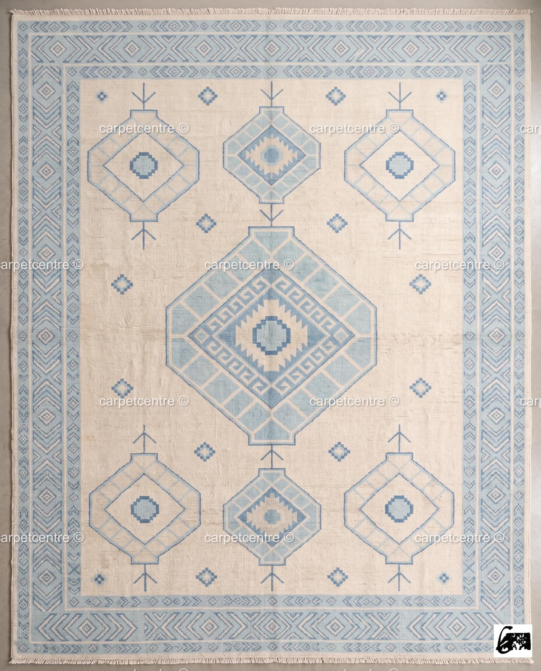Hand-Knotted Wool Oushak Rug | Light Blue Cream Coastal Geometric Tribal Carpet