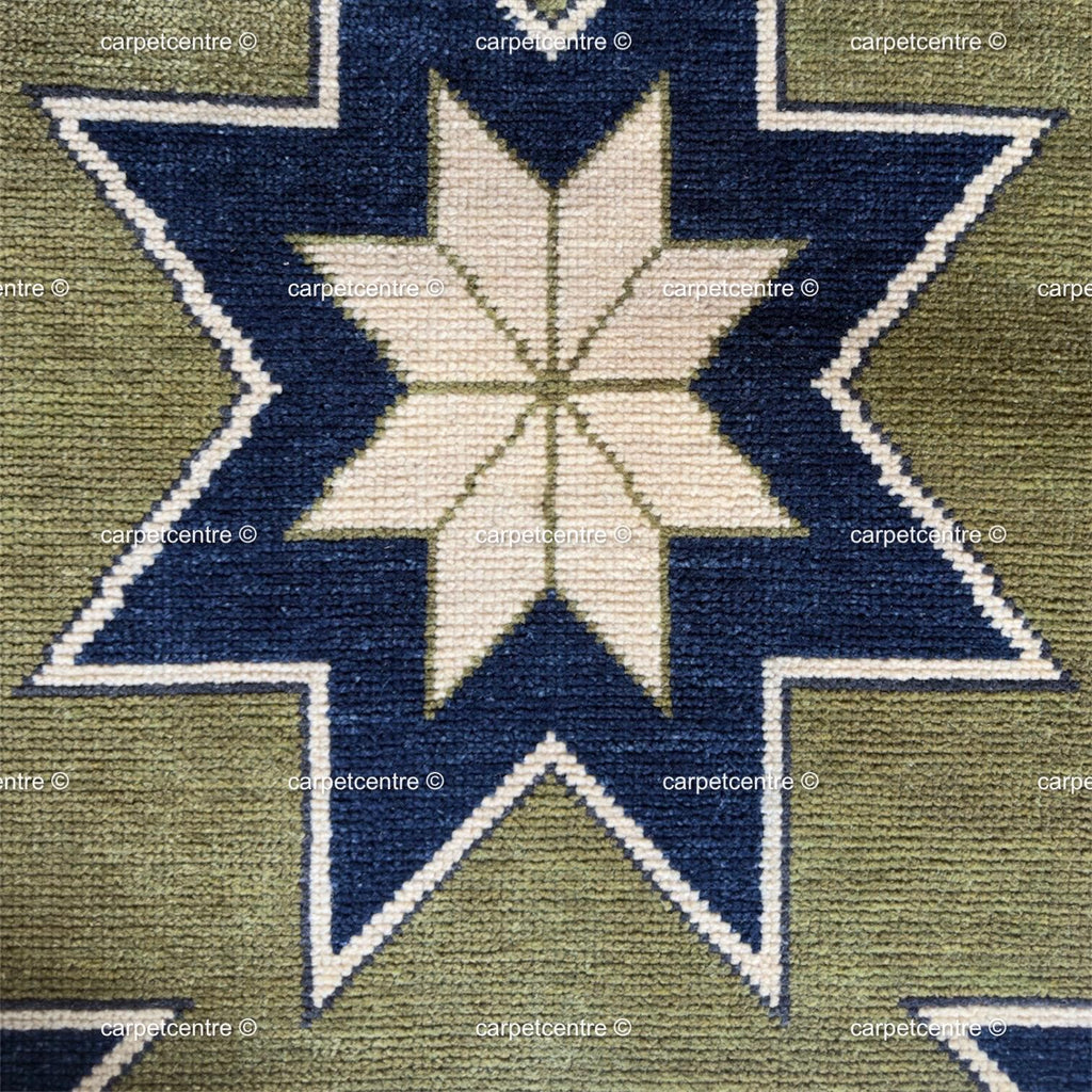 Moss Green Wool Runner Rug, Turkish Knot Star Design, Geometric Hallway Entryway Carpet