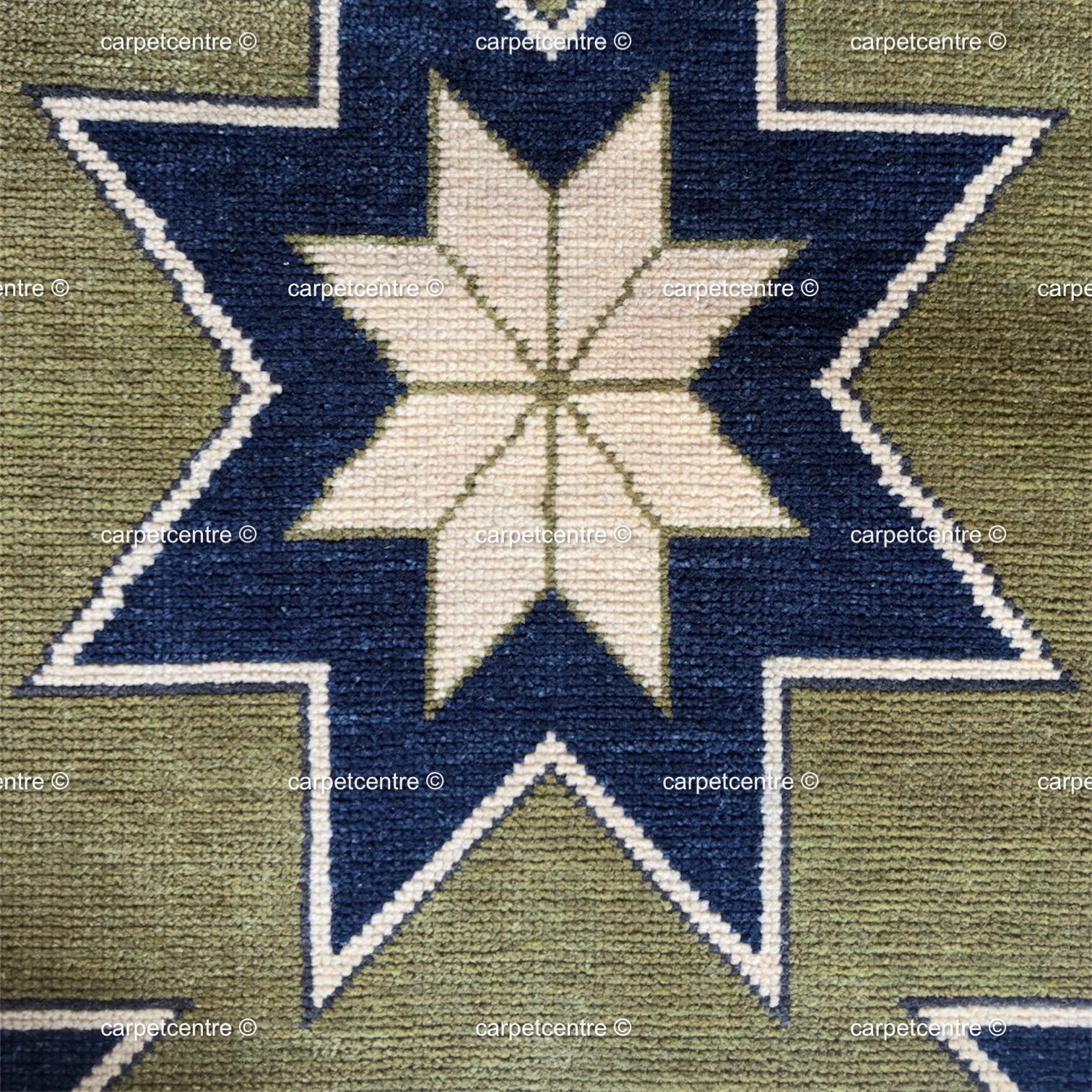 Moss Green Wool Runner Rug, Turkish Knot Star Design, Geometric Hallway Entryway Carpet