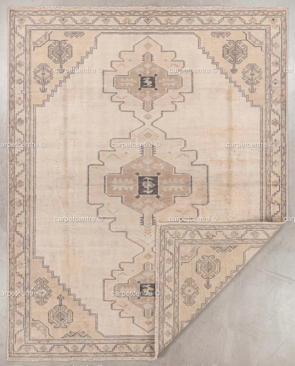 Hand-Knotted Wool Oushak Rug | Beige Tribal Geometric Medallion Living Room